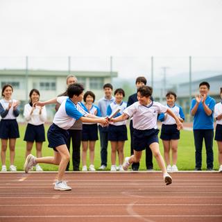 釧路の学校行事でバトンを渡す参加者と見守る家族